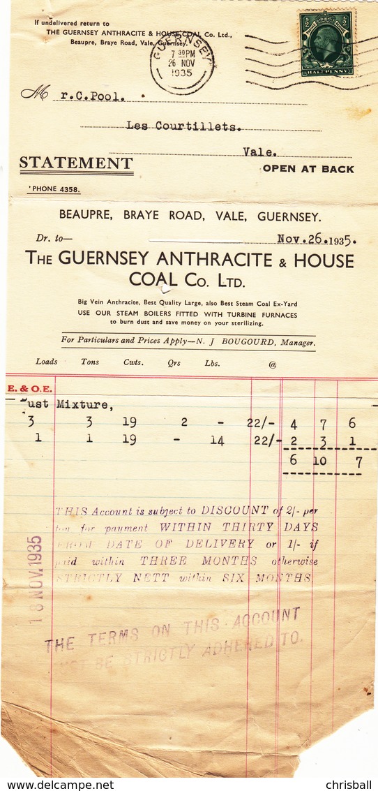 Guernsey - Folded Invoice/Statement Dated Nov. 1935 - Royaume-Uni