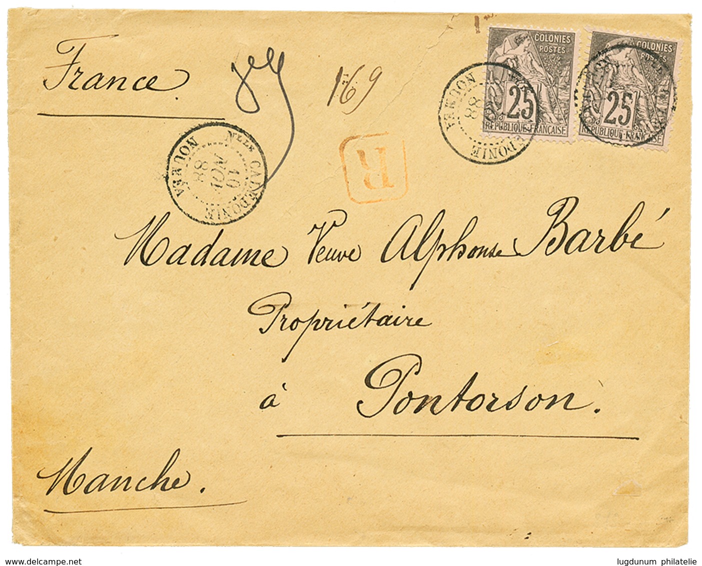 634 1888 COLONIES GENERALES 25c(x2) Obl. NOUMEA Sur Enveloppe RECOMMANDE Pour La FRANCE. Superbe. - Andere & Zonder Classificatie