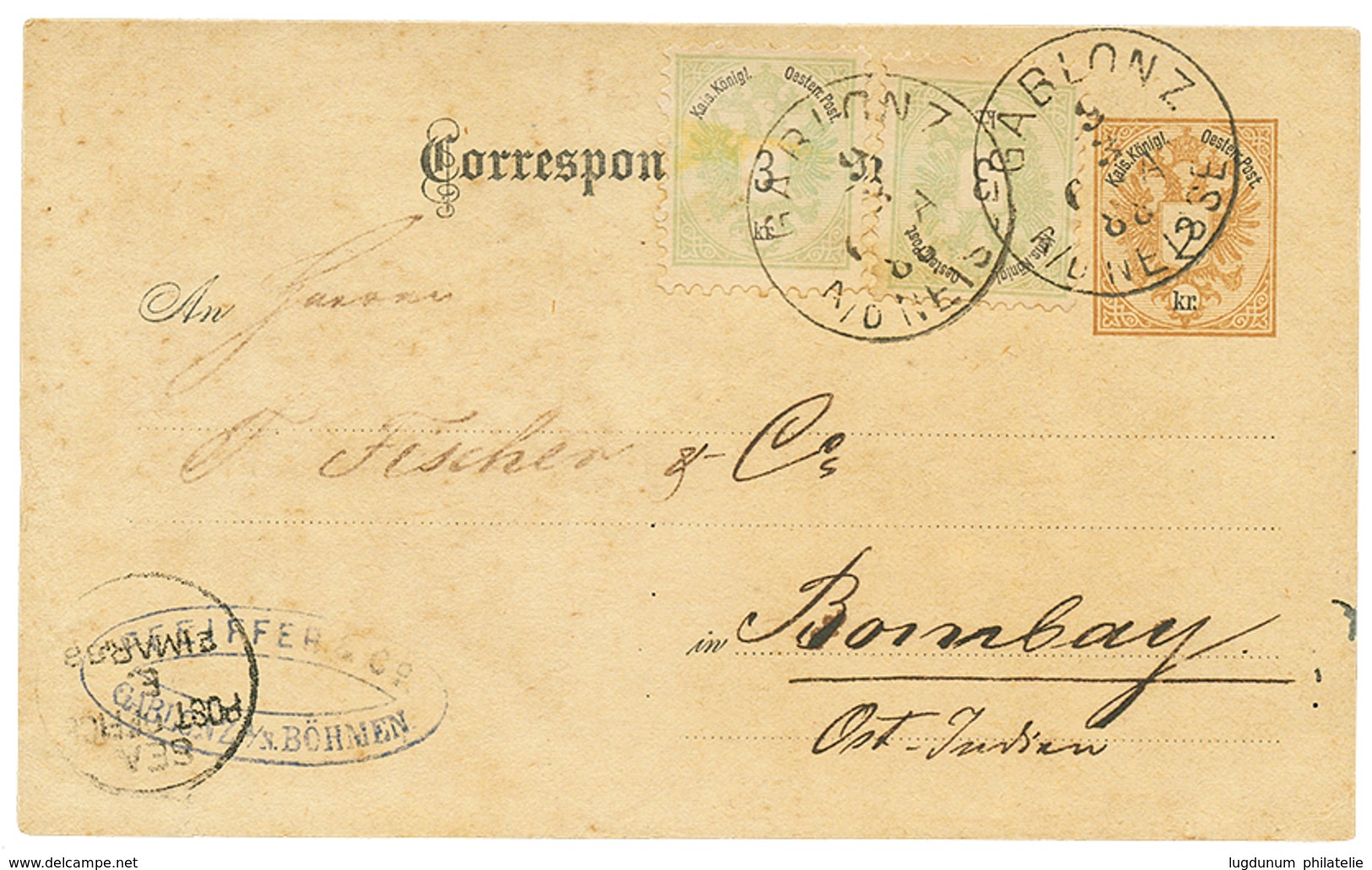 719 AUSTRIA : 1888 P./Stat 2k + 3k(x2) Canc. GABLONZ To BOMBAY. Small Fault. Rare 8k Rate To INDIA. Vf. - Sonstige & Ohne Zuordnung