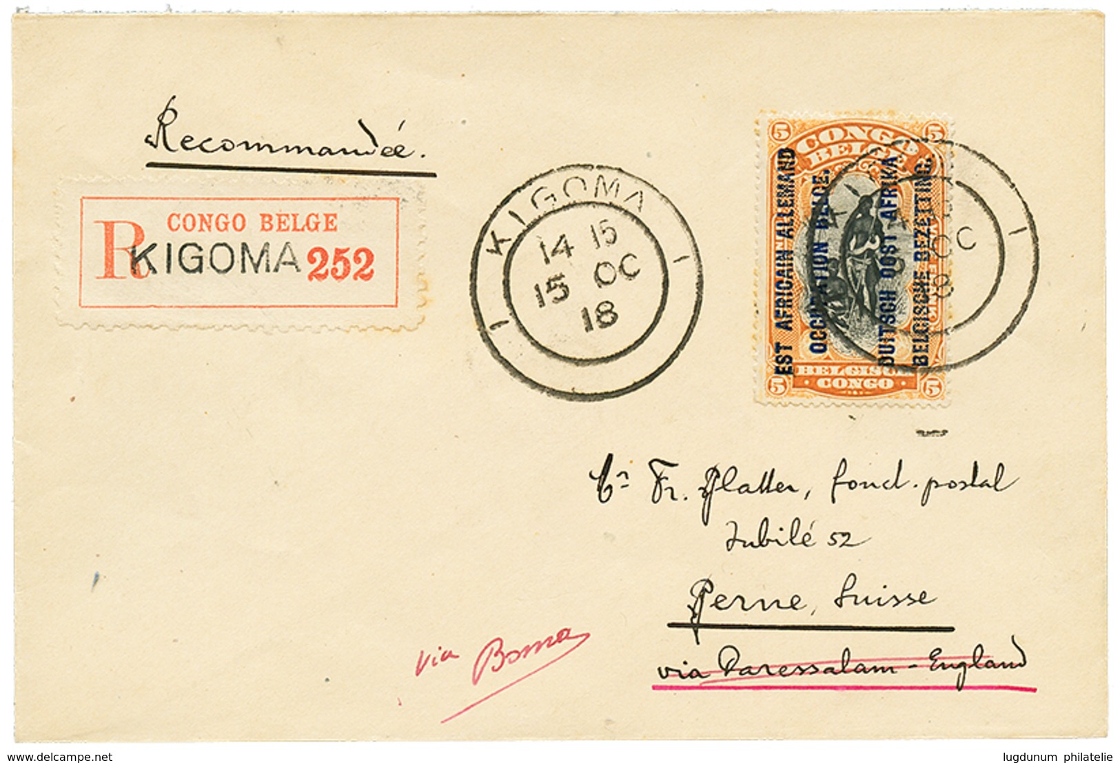 750 BELGIAN CONGO : 1918 OCC. BELGE 5F Canc. KIGOMA On REGISTERED Envelope To SWITZERLAND. Superb. - Sonstige & Ohne Zuordnung