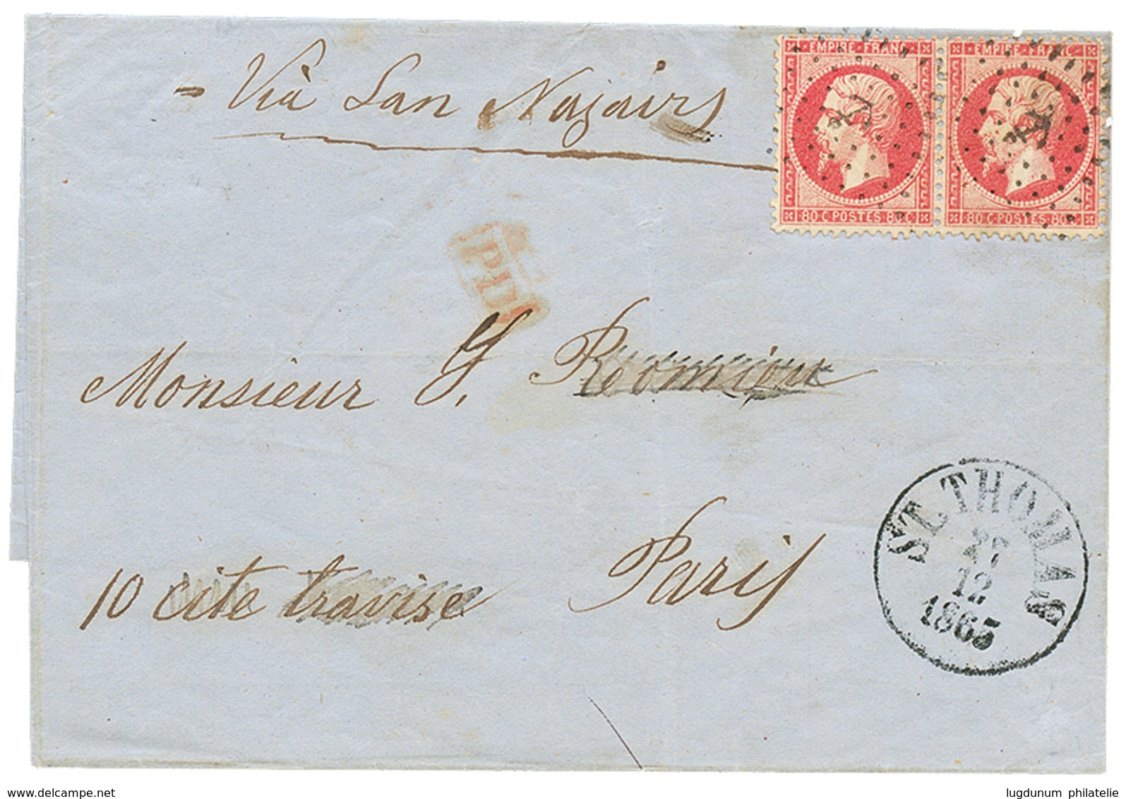 756 DANISH WEST INDIES - FRENCH Mail : 1865 FRANCE 80c(x2) Canc. ANCHOR + Danish Cachet ST THOMAS On Cover (double Rate) - Dänische Antillen (Westindien)