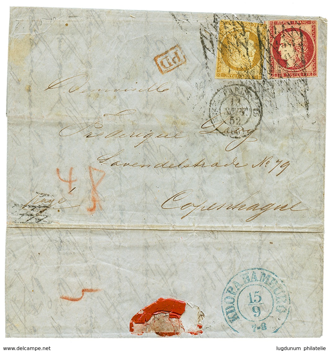 757 1852 FRANCE FIRST ISSUE 1F + 10c Canc. On Entire Letter From PARIS Via HAMBURG To COPENHAGUE (DENMARK). Stamps With  - Dänische Antillen (Westindien)