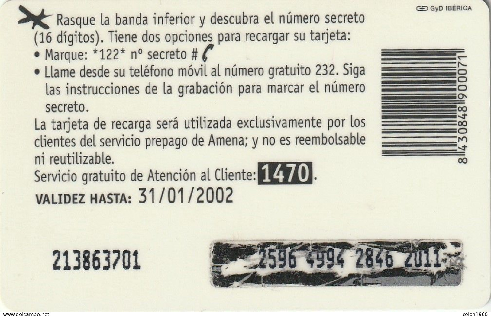 ESPAÑA. AMRR-008B. Flying People (With Logo On Front. 2000 PTAS. 31-01-2002. (169P) - Amena - Retevision