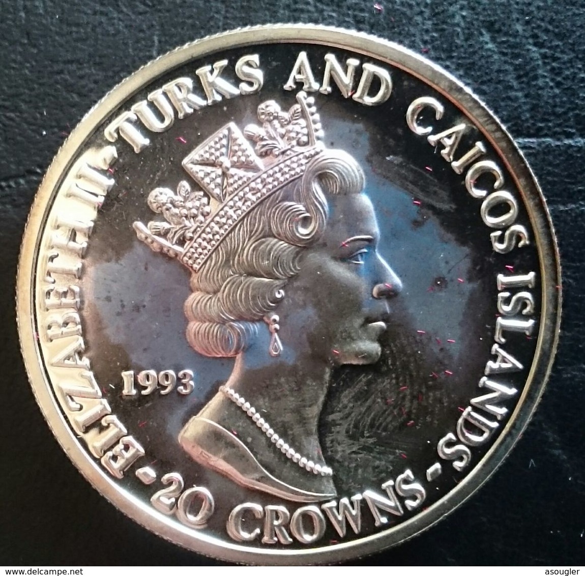 Turks And Caicos Islands 20 CROWNS 1997 SILVER PROOF "40th Anniversary Of Coronation" Free Shipping Via Registered - Turks And Caicos Islands