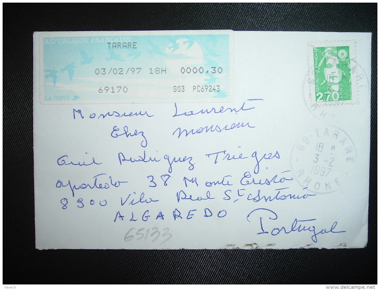 LETTRE Pour PORTUGAL TP M. DE BRIAT 2,70 OBL.3-2-1997 69 TARARE RHONE + VIGNETTE G03 à 0000,30 Du 03/02/97 - Tarifs Postaux