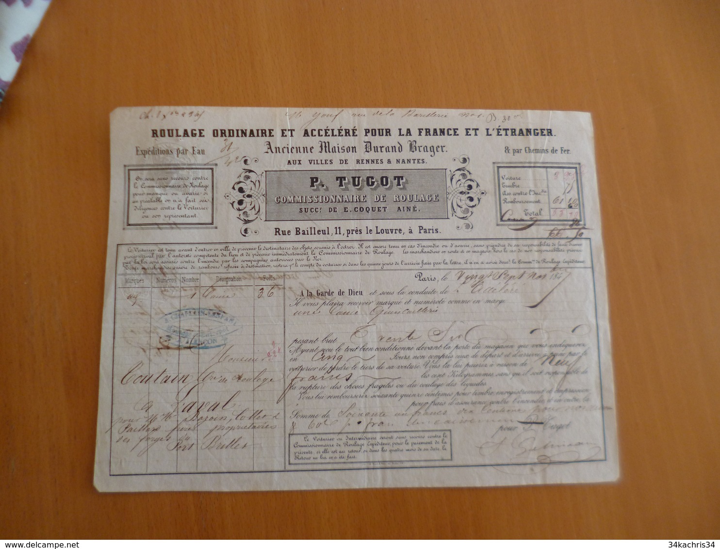 Feuille De Route Roulage Diligence P.Tugot Rue Bailleul Paris 27/05/1847 Quincaillerie Pour Alençon - Verkehr & Transport