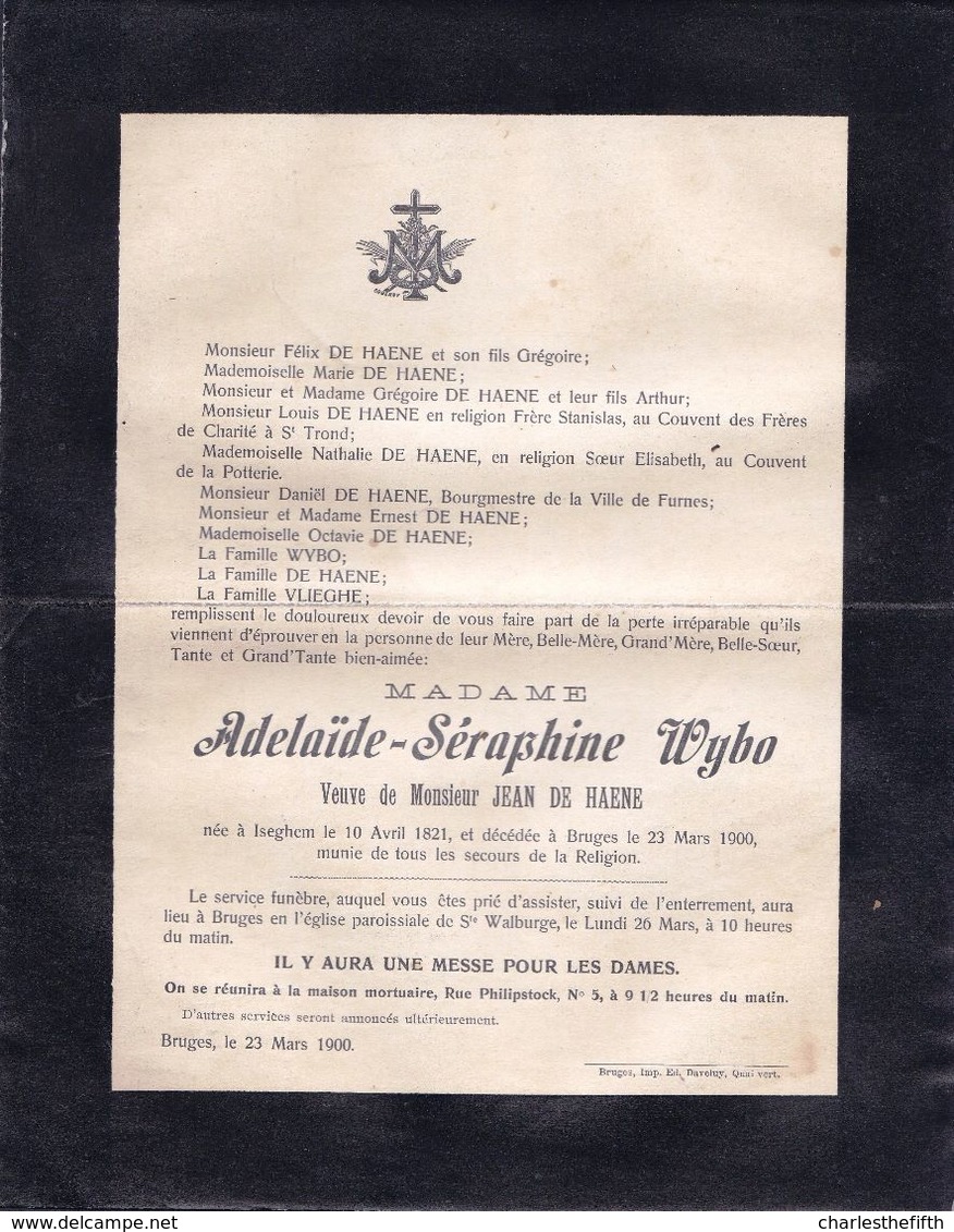 DOODSBRIEF - LETTRE DE DECES ** IZEGEM BRUGGE - ADELAIDE WYBO - DE HAENE  - 1821 - 1900 ** - Obituary Notices