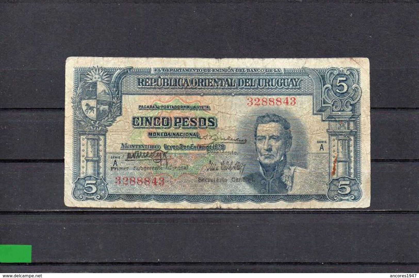 URUGUAY 1939, "RARISIMO FIRMADO PRIMER SUBGERENTE GENERAL", 5 PESOS, P-36a, CIRCULADO, 2 ESCANER - Uruguay