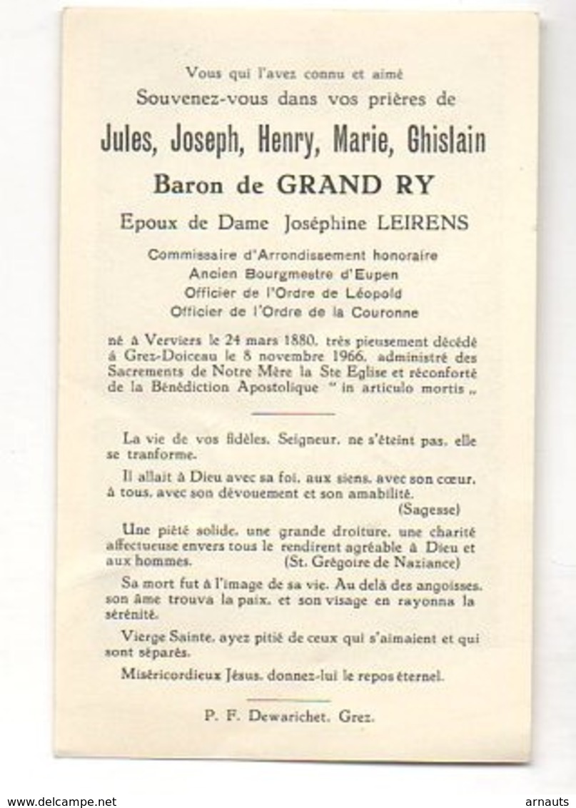 Jules De Grand Ry Epoux Leirens Bourgmestre Eupen °1880 Verviers +1966 Grez-Doiceau - Todesanzeige