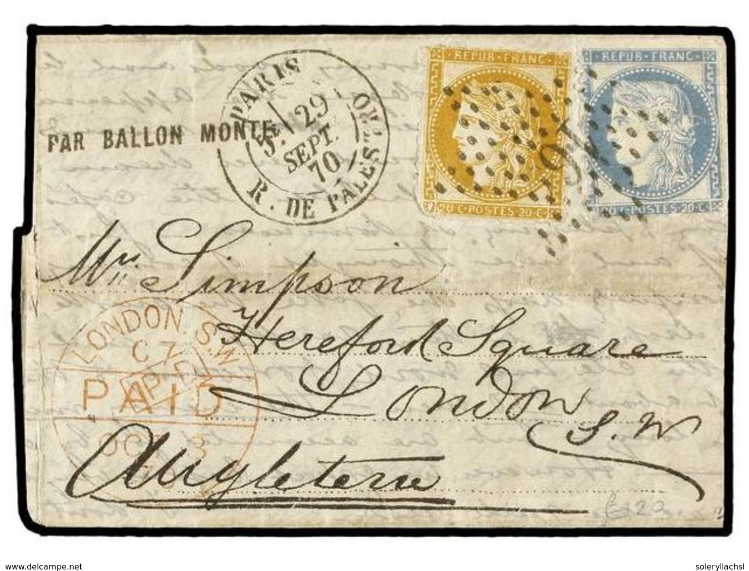 546 FRANCIA. <B>FAKE BALLON MONTE.</B> The Famous <I>'Simpson'</I>  Forgery. PARIS To GREAT BRITAIN With <B>fake 20 Cts. - Andere & Zonder Classificatie