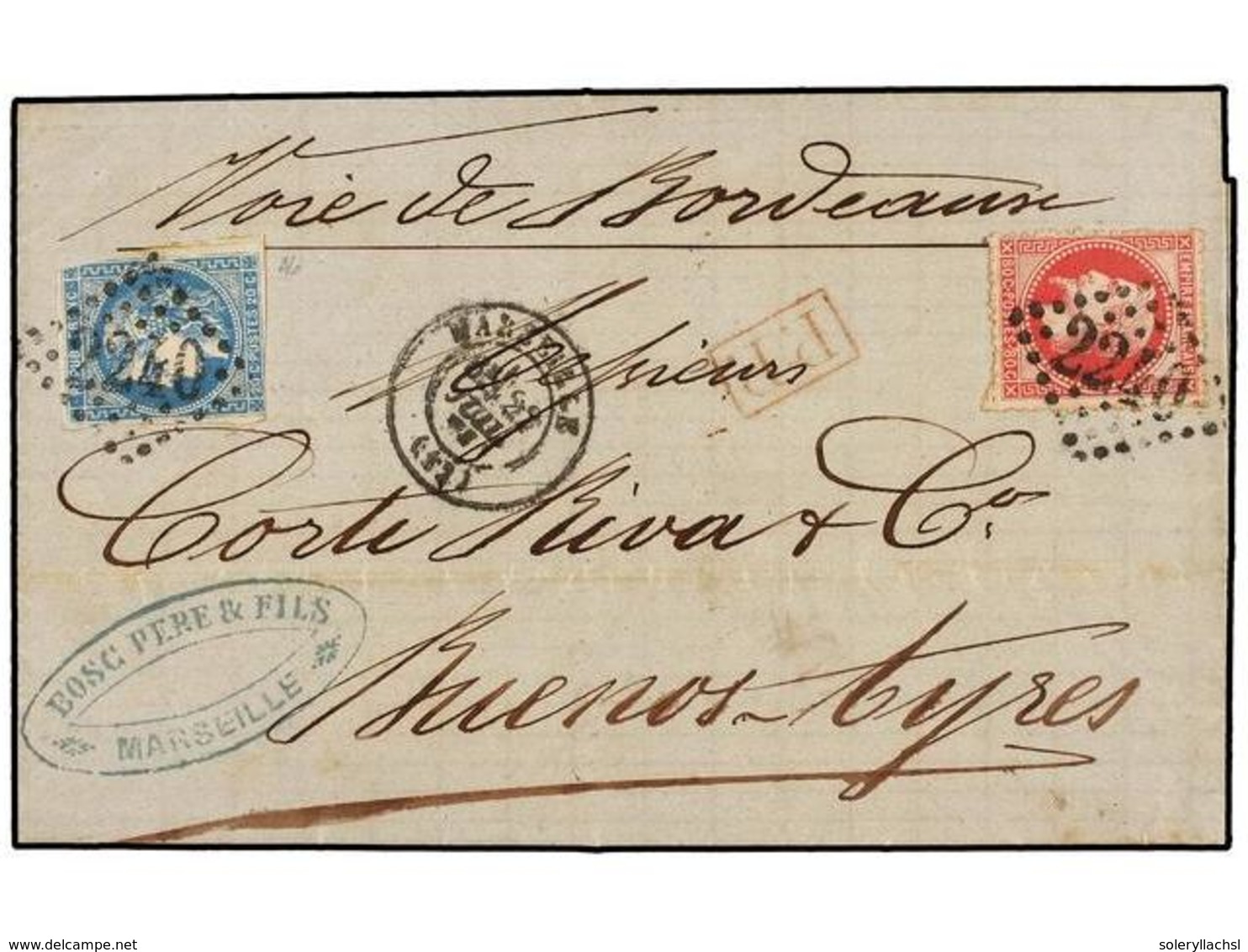 548 FRANCIA. Yv.46, 32. 1871. MARSEILLE To BUENOS AYRES. <B>80 Cts.</B> Rose And <B>20 Cts.</B> Blue (Bordeaux Issue) Sh - Andere & Zonder Classificatie