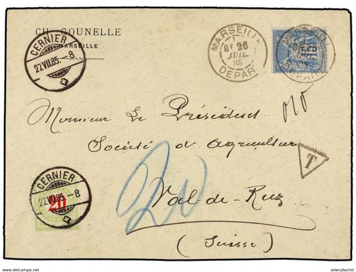 556 FRANCIA. Yv.90. 1885. MARSEILLE To SWITZERLAND. Envelope Franked With <B>15 Cts.</B> Blue Stamp, Taxed On Arrival Wi - Andere & Zonder Classificatie