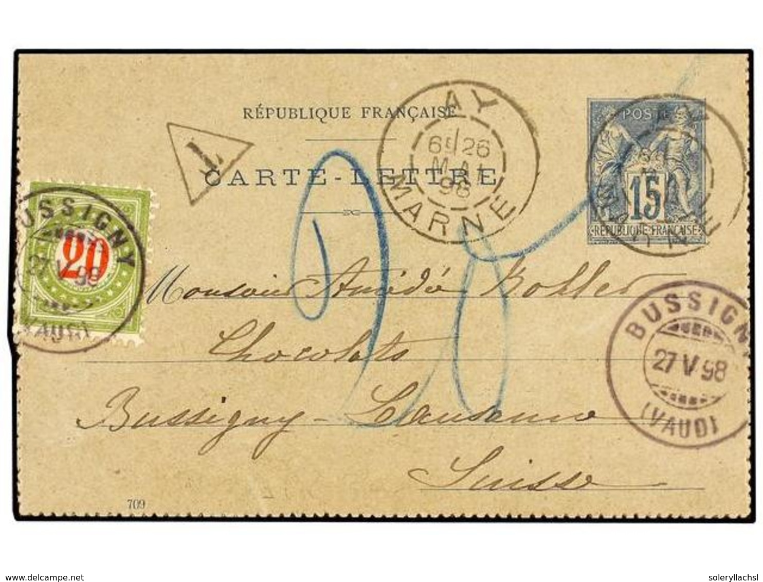 562 FRANCIA. 1898. AY To SWITZERLAND. <B>15 Cts.</B> Blue Postal Stationery Card Taxed On Arrival With Swiss <B>20 Cts.< - Andere & Zonder Classificatie