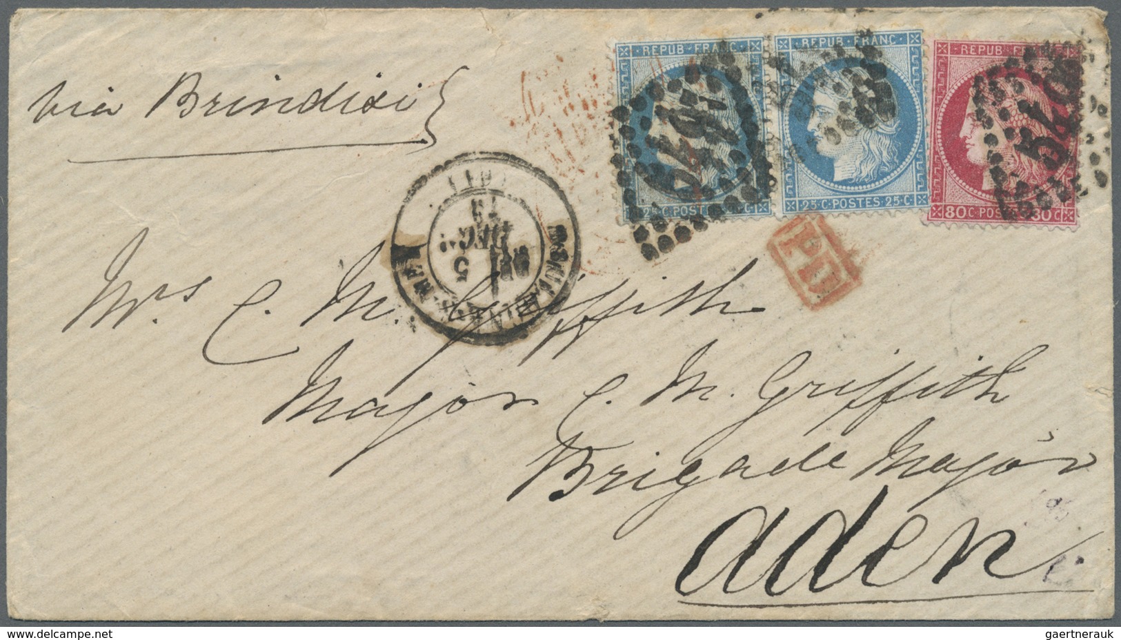 Br Frankreich: 1873 Cover From Boulogne-sur-Mer To ADEN Via Paris And Brindisi, Franked By Ceres 25c. P - Oblitérés