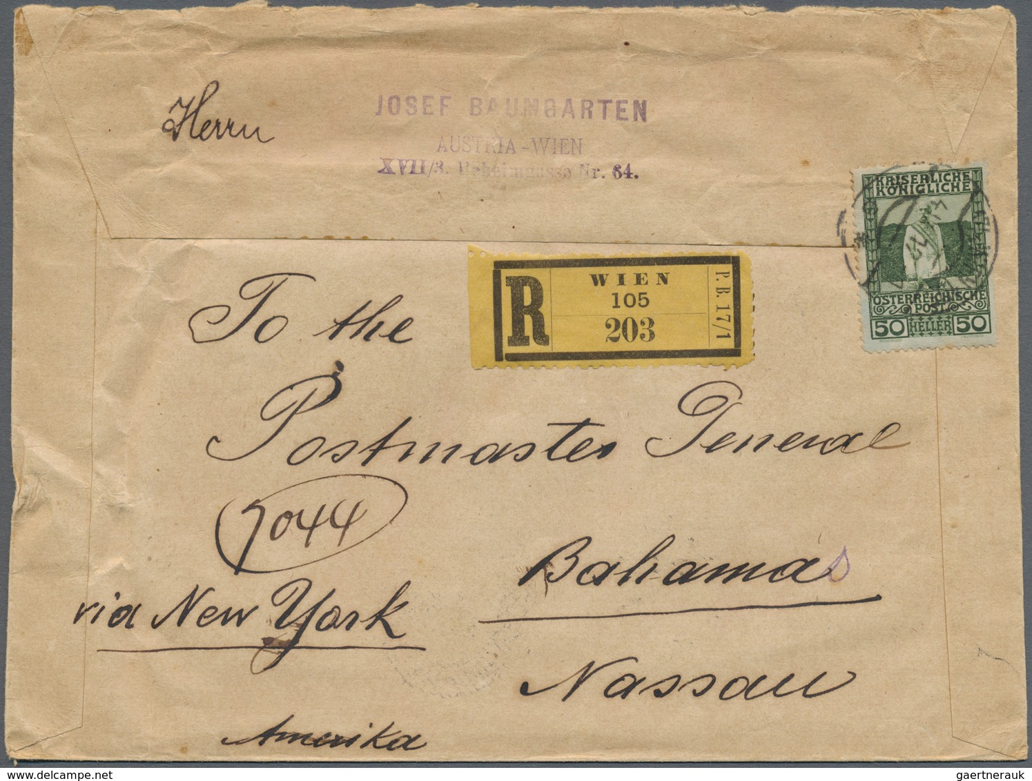 Br Österreich: 1908, 50 Heller Schwärzlichgrün Als Einzelfrankatur Auf R-Brief Von Wien Via New York Na - Neufs