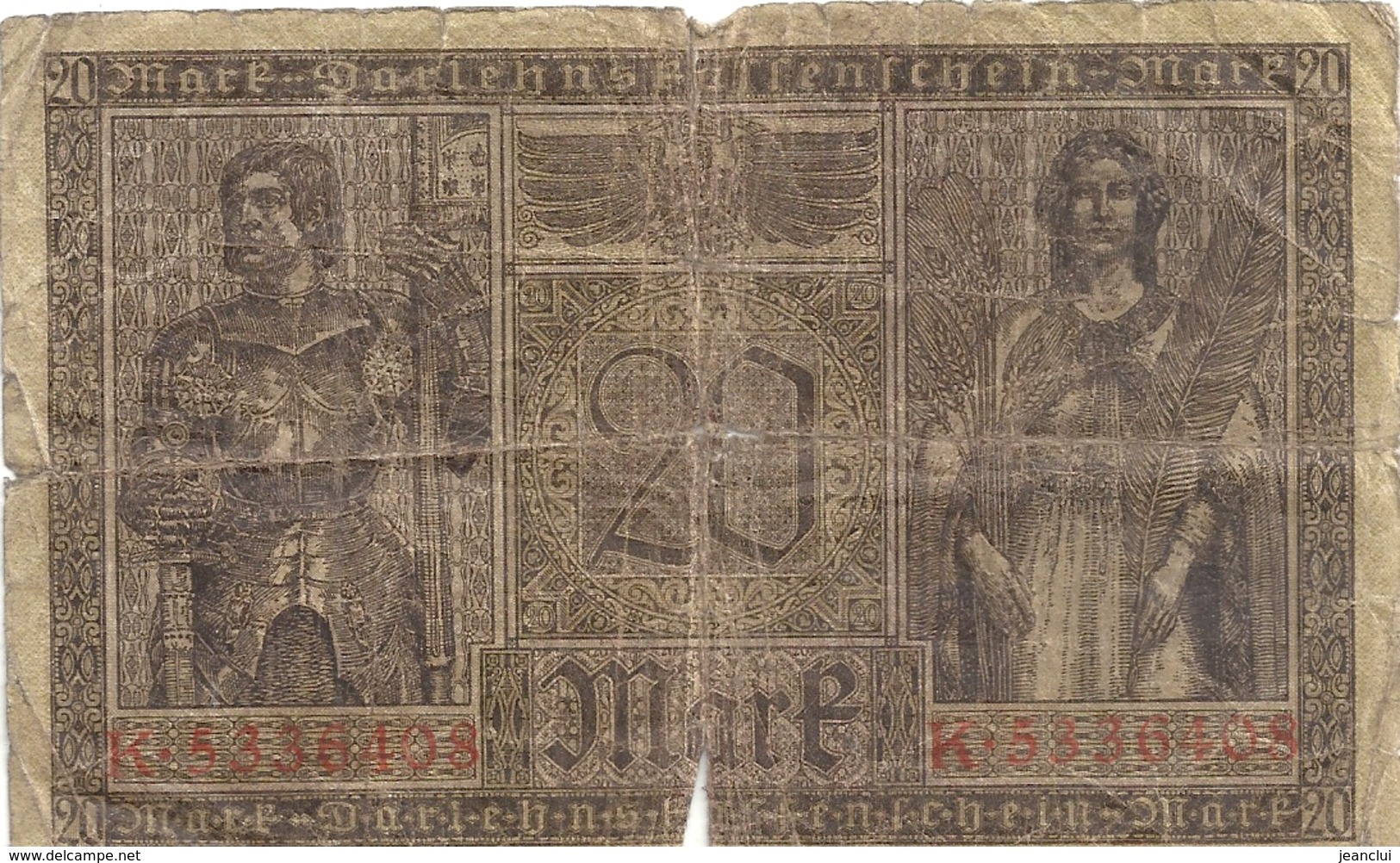 DARLEHENSKASSENSCHEIN ( Billet De Pret D'etat 1914-1922 ). 20 ZWANZIG MARK .  20-2-1918 . N° K.5336108 . 2 SCANES - Bestuur Voor Schulden