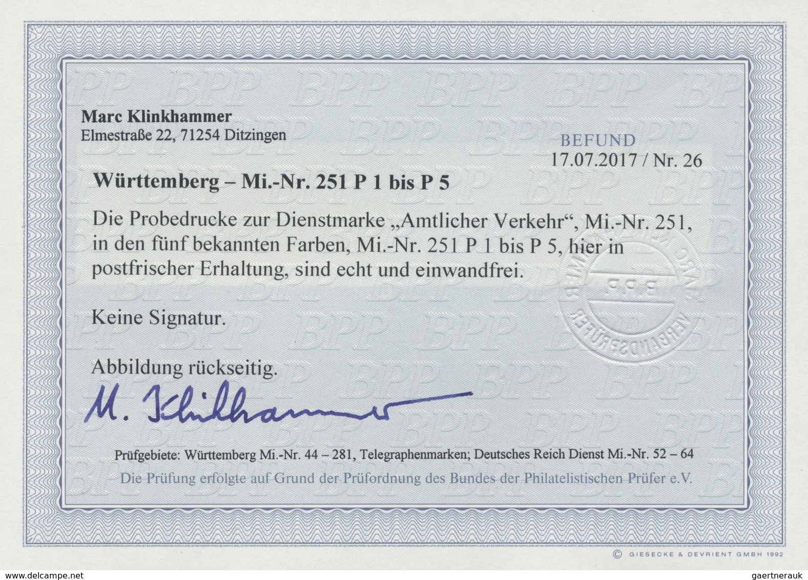 ** Württemberg - Marken Und Briefe: 1917, Probedruck Dienstmarke 25 Pf. In Fünf Verschiedenen Farben Je - Sonstige & Ohne Zuordnung