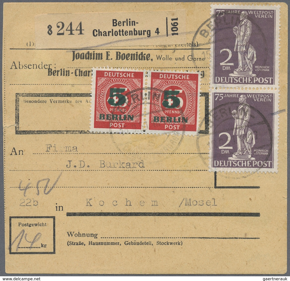 Br Berlin: 1950: Paketkarte Inland über 14 Kg. – Gebühr DM 4,50 Mit 2 X 2.- DM Stephan Und 10 X 5 Pf. G - Sonstige & Ohne Zuordnung
