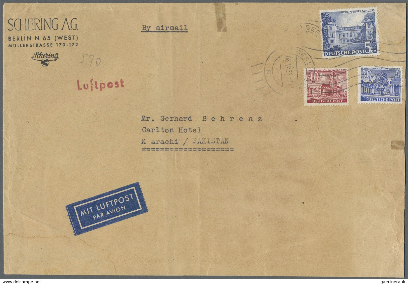 Br Berlin: 1952: Umschlag Firma Schering, Etwas Verkleinert Ca.  22,4 X 15,2 Cm Als Luftpostbrief DM 5, - Sonstige & Ohne Zuordnung