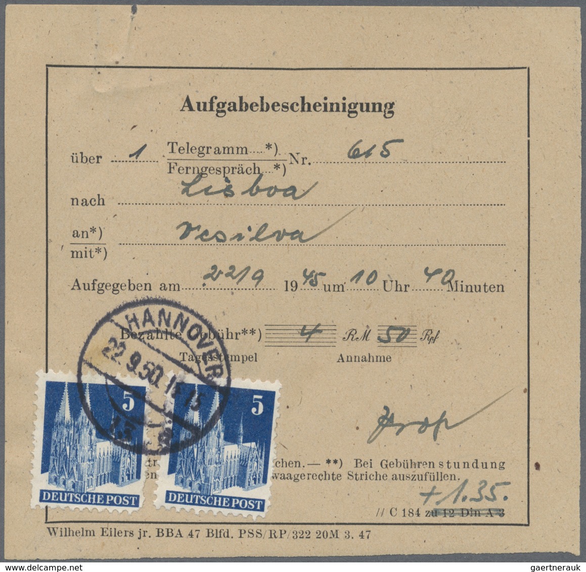 Br Bizone: 1948, 2 X 5 Pf Bauten, MeF Auf Aufgabebescheinigung Für Ein Telegramm Von Hannover, 22.9.50, - Sonstige & Ohne Zuordnung
