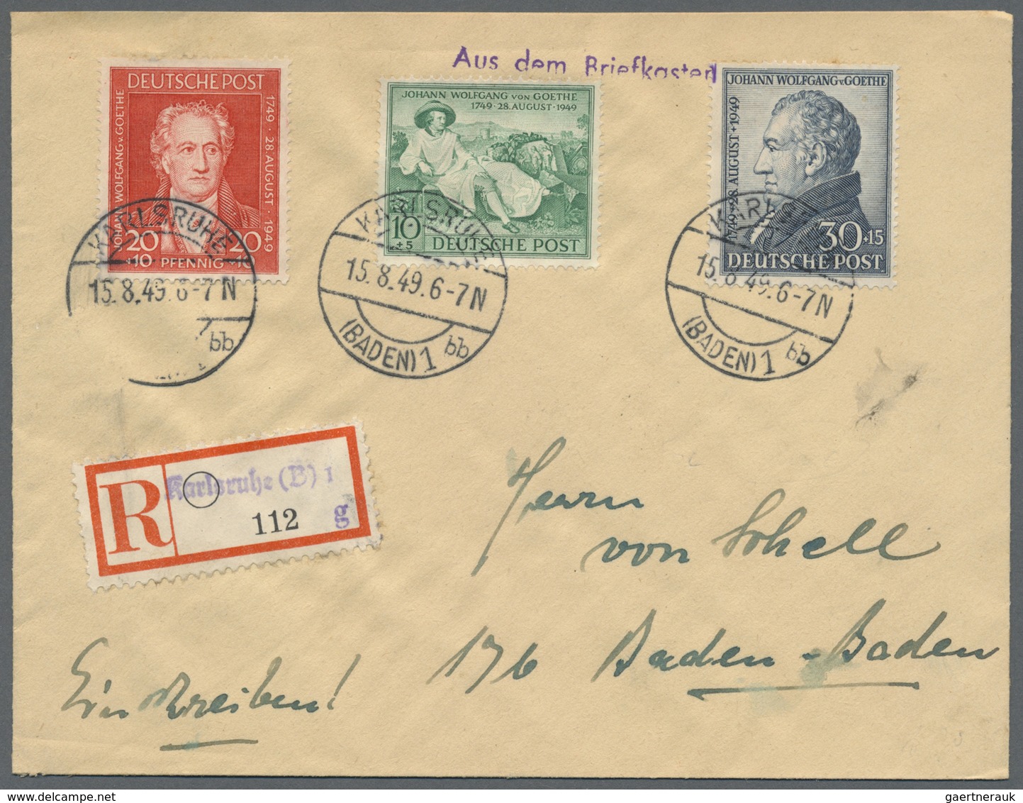 Br Bizone: 1949, 10 Pfg. Bis 30 Pfg. Von Goethe Komplett Auf R-FDC Aus "KARLSRUHE 15.8.49" Mit L1 "Aus - Autres & Non Classés