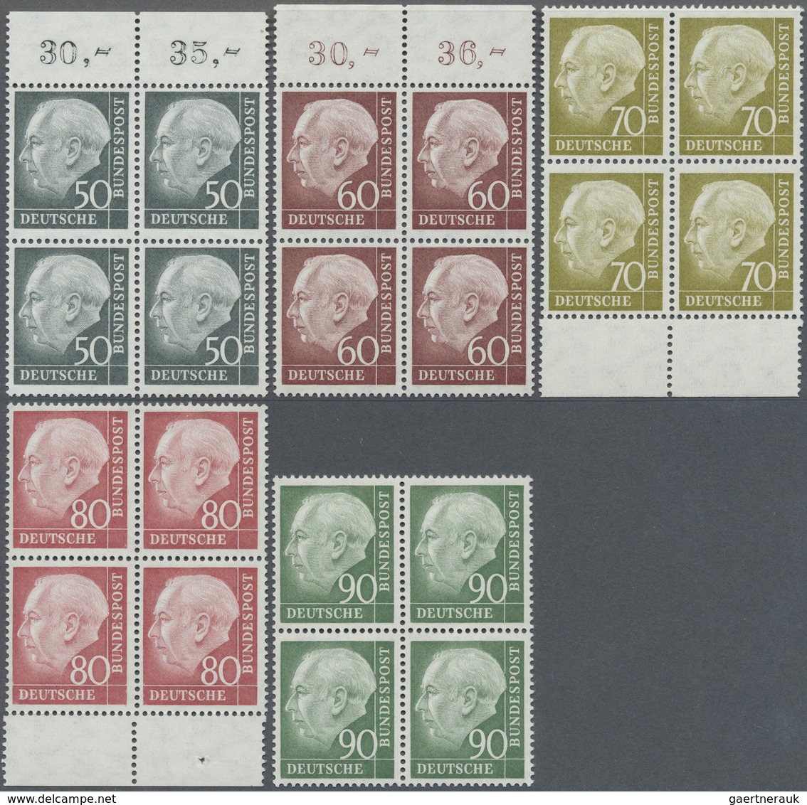 ** Bundesrepublik Deutschland: 1954, 50 Pf Bis 90 Pf Heuss I Je Im 4er-Block (4x OR/UR/teils Faltspur) - Sonstige & Ohne Zuordnung