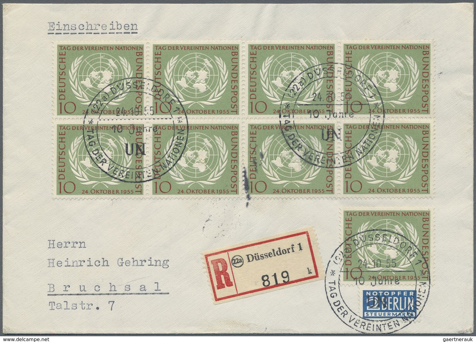 Br/ Bundesrepublik Deutschland: 1955, 10 Pfg. "10 Jahre Vereinte Nationen" Auf Einschreiben 2. Gewichtss - Sonstige & Ohne Zuordnung