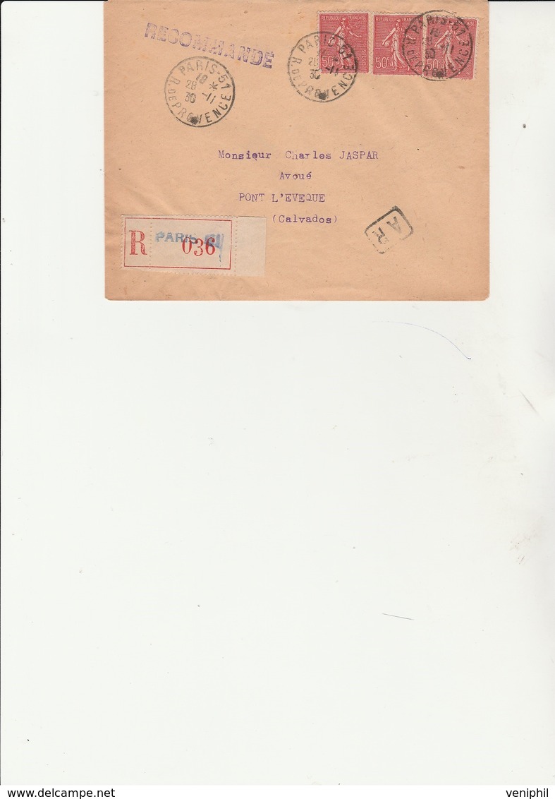 LETTRE RECOMMANDEE OBLITEREE AFFRANCHIE N°199 -3 EXP- -OBLITERE CAD -PARIS 51 - 1930 - 1921-1960: Modern Period