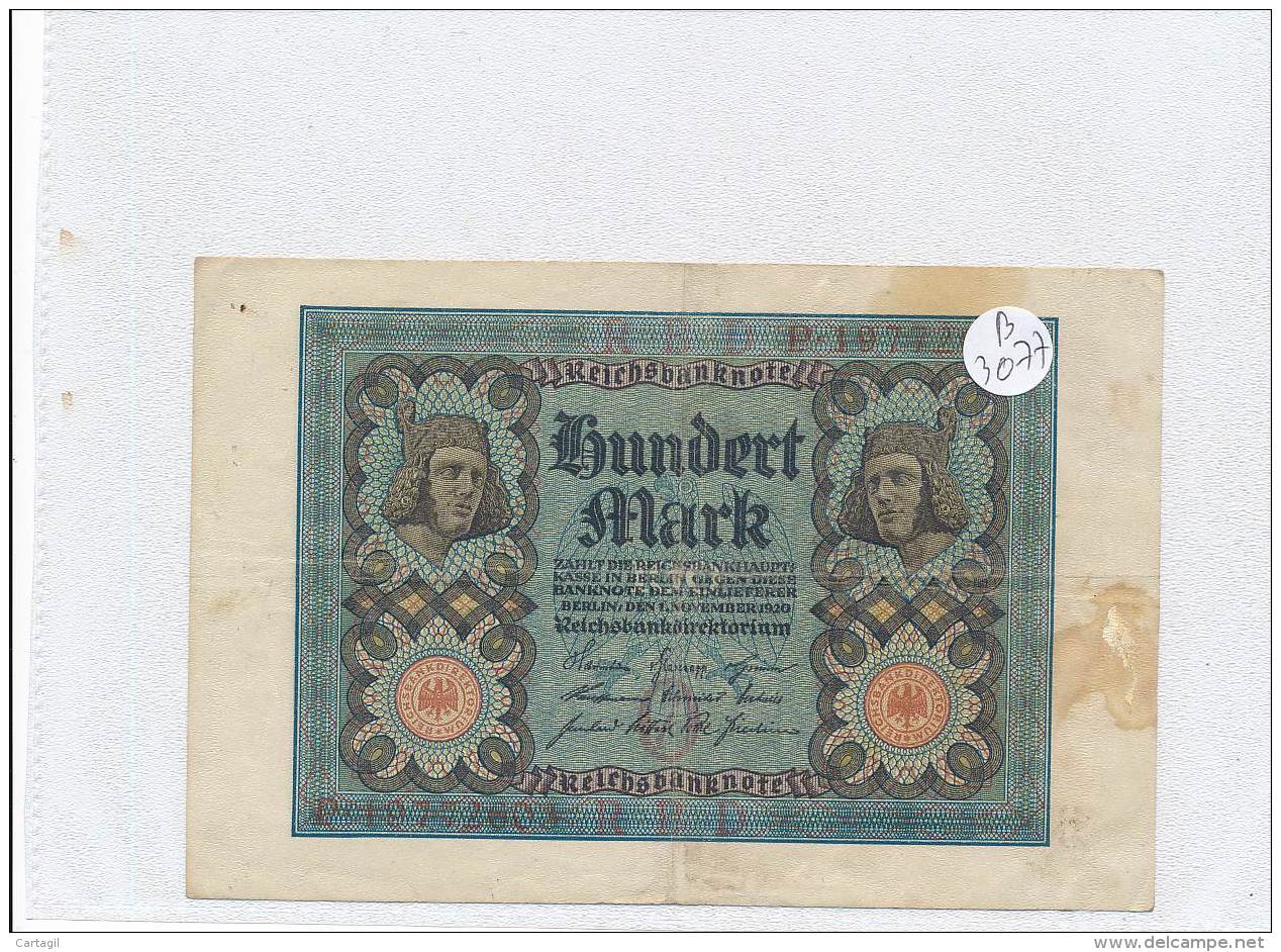 Billets -B3077 - Allemagne - 100 Mark 1920 (type, Nature, Valeur, état... Voir  Double Scan) - 100 Mark