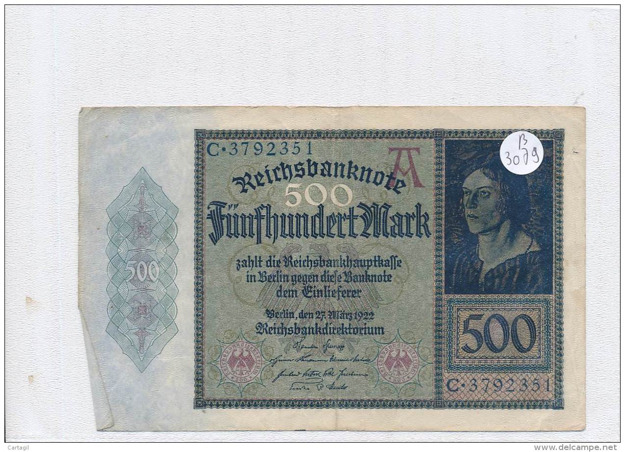 Billets -B3079- Allemagne - 500 Mark 1922 (type, Nature, Valeur, état... Voir  Double Scan) - 500 Mark