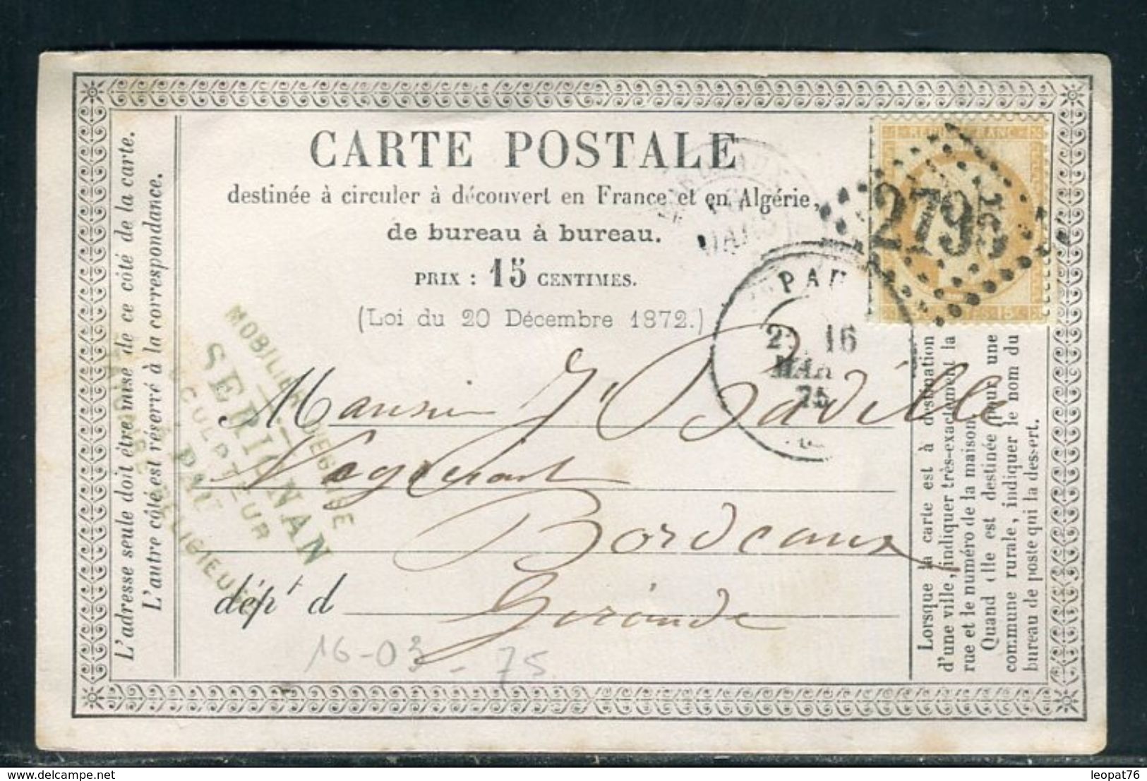 Carte Précurseur De Pau Pour Bordeaux En 1875,  Affranchissement Type Cérès - Ref F42 - Cartoline Precursori