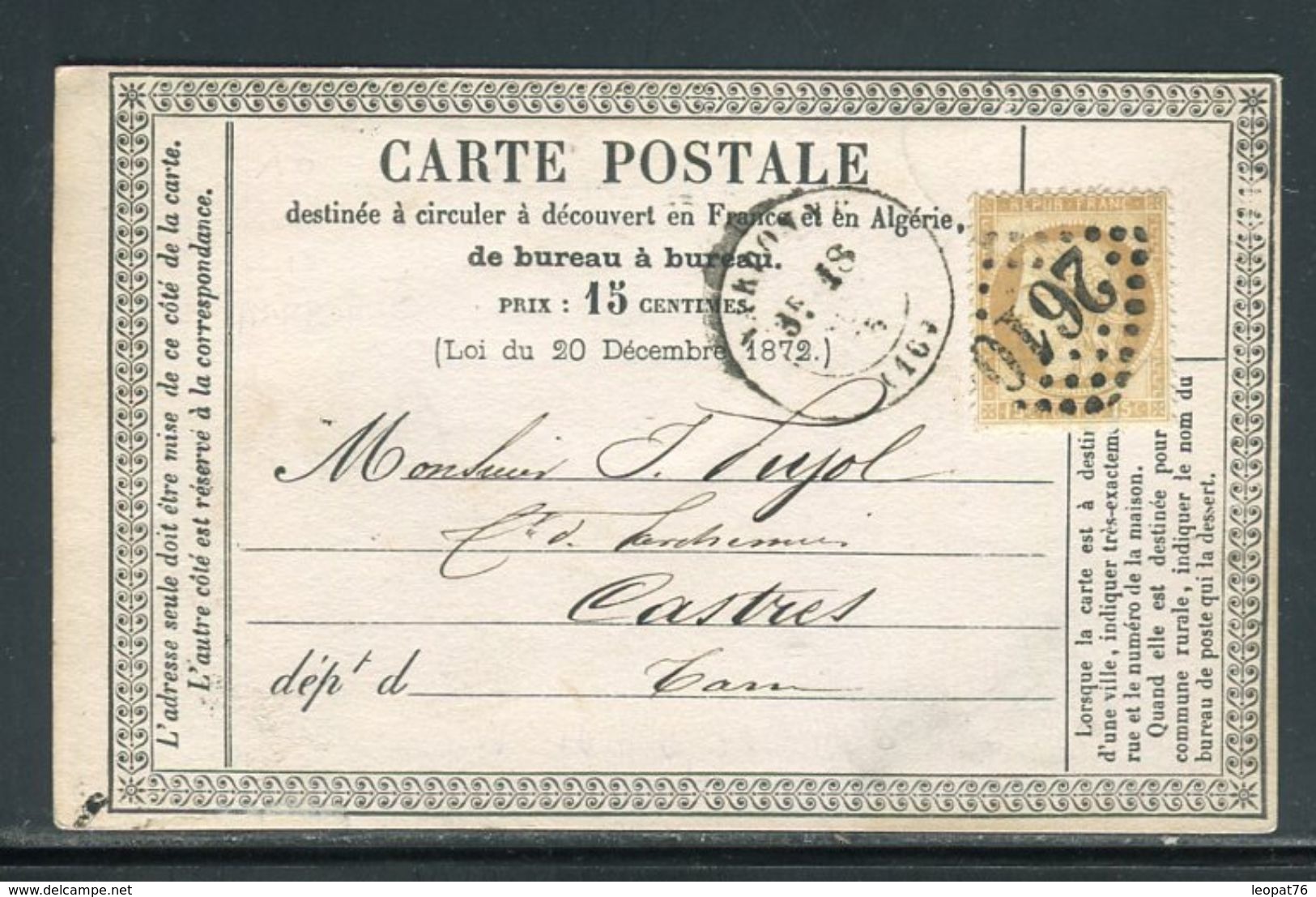 Carte Précurseur De Narbonne Pour Le Castres En 1875,  Affranchissement Type Cérès - Ref F60 - Voorloper Kaarten