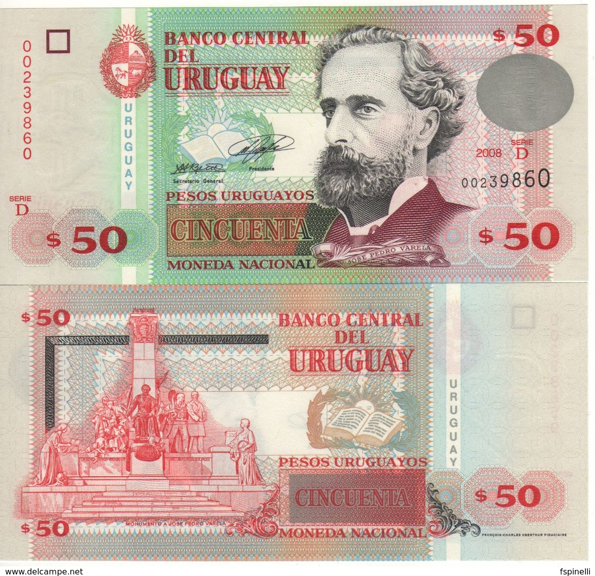 URUGUAY  50 Pesos Uruguayos P87a    Serie D  Dated 2008   UNC - Uruguay