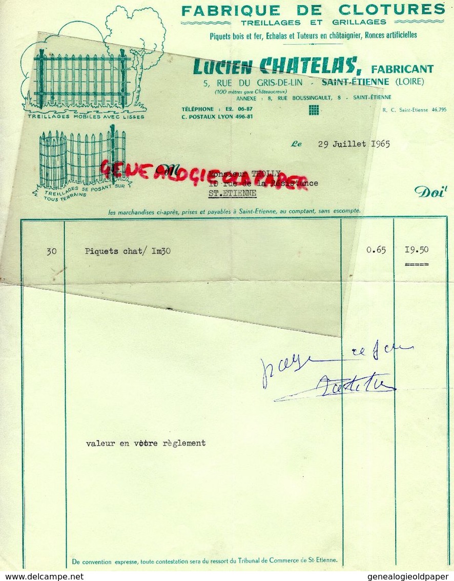 42- ST SAINT ETIENNE- FACTURE LUCIEN CHATELAS- FABRIQUE CLOTURES -FABRICANT TREILLAGES GRILLAGES-5 RUE GRIS DE LIN- 1965 - Old Professions