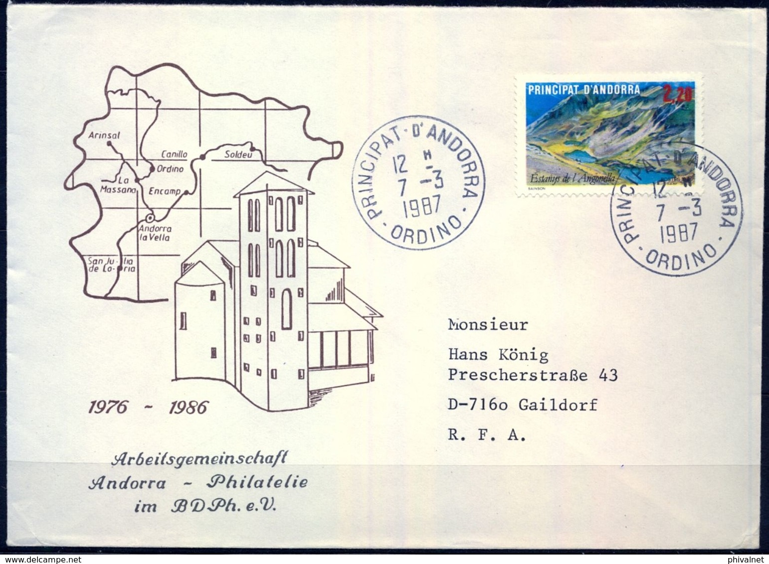 1987 , ANDORRA - CORREO FRANCÉS , SOBRE  CIRCULADO , ORDINO - GAILDORF , ED. 372 , TURISMO , LAGO DE ANGONELLA - Lettres & Documents