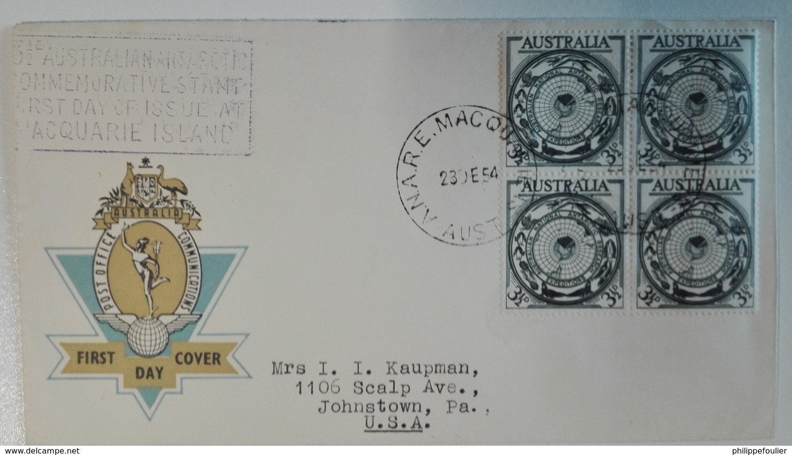 AAT  Cover FDC Cancelled  Macquarie Isl.  23 Dec 54 On Block Four 3 ½d - Covers & Documents