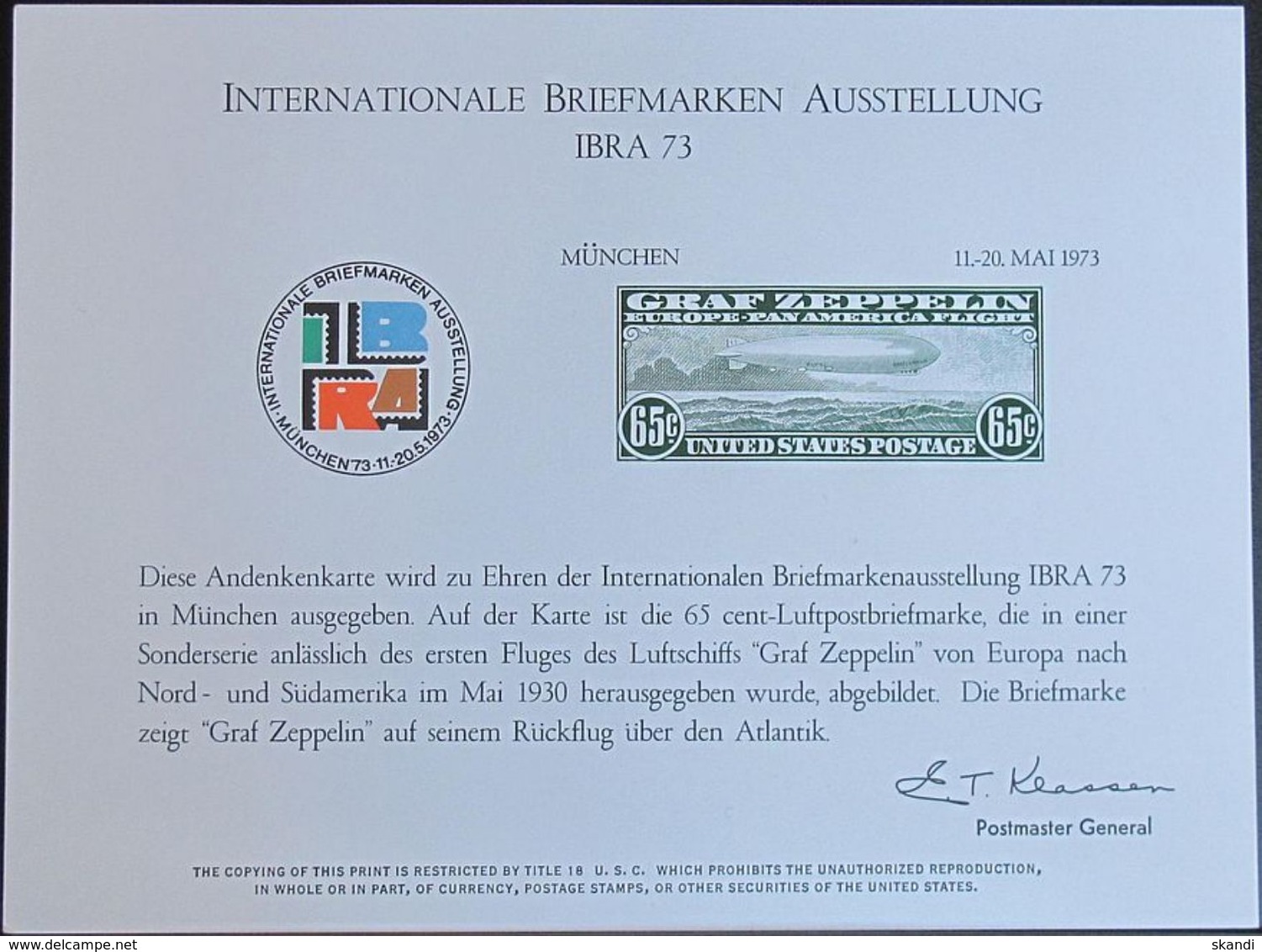 USA 1973 Souvenir Card München IBRA 73 - Souvenirkarten