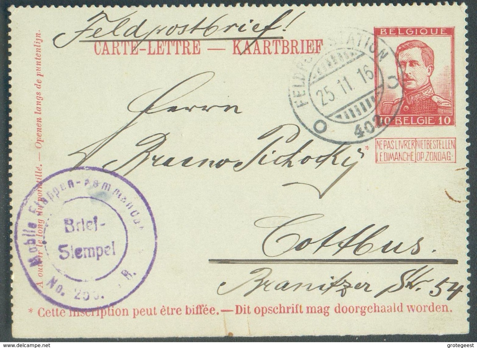 E.P. Carte-lettre Avant I 10c. Pellens, Annulé Par Le Cachet Allemand FELDPOST STATION Du 25-11-1916 Vers Cottbus.- Ex-C - Postcards 1909-1934