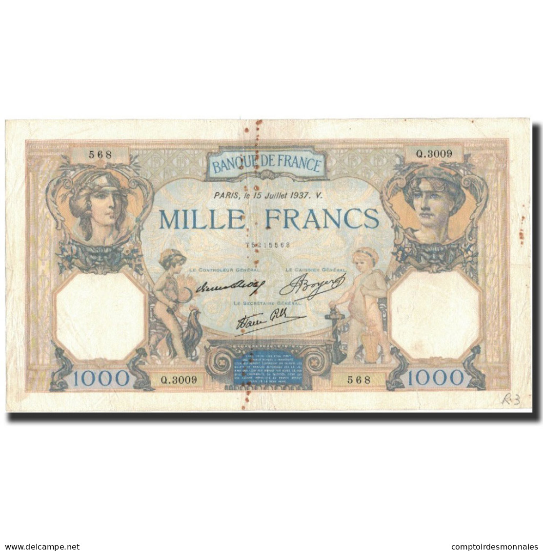 France, 1000 Francs, 1937-07-15, TB+, Fayette:38.2, KM:90a - 1 000 F 1927-1940 ''Cérès Et Mercure''