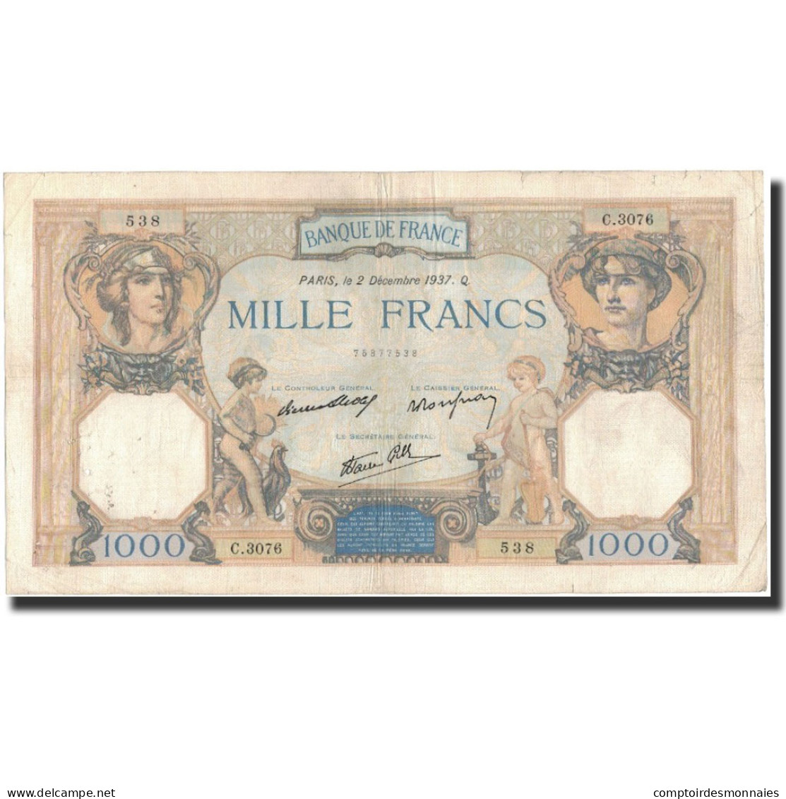 France, 1000 Francs, 1937-12-02, TTB, Fayette:38.5, KM:90b - 1 000 F 1927-1940 ''Cérès Et Mercure''