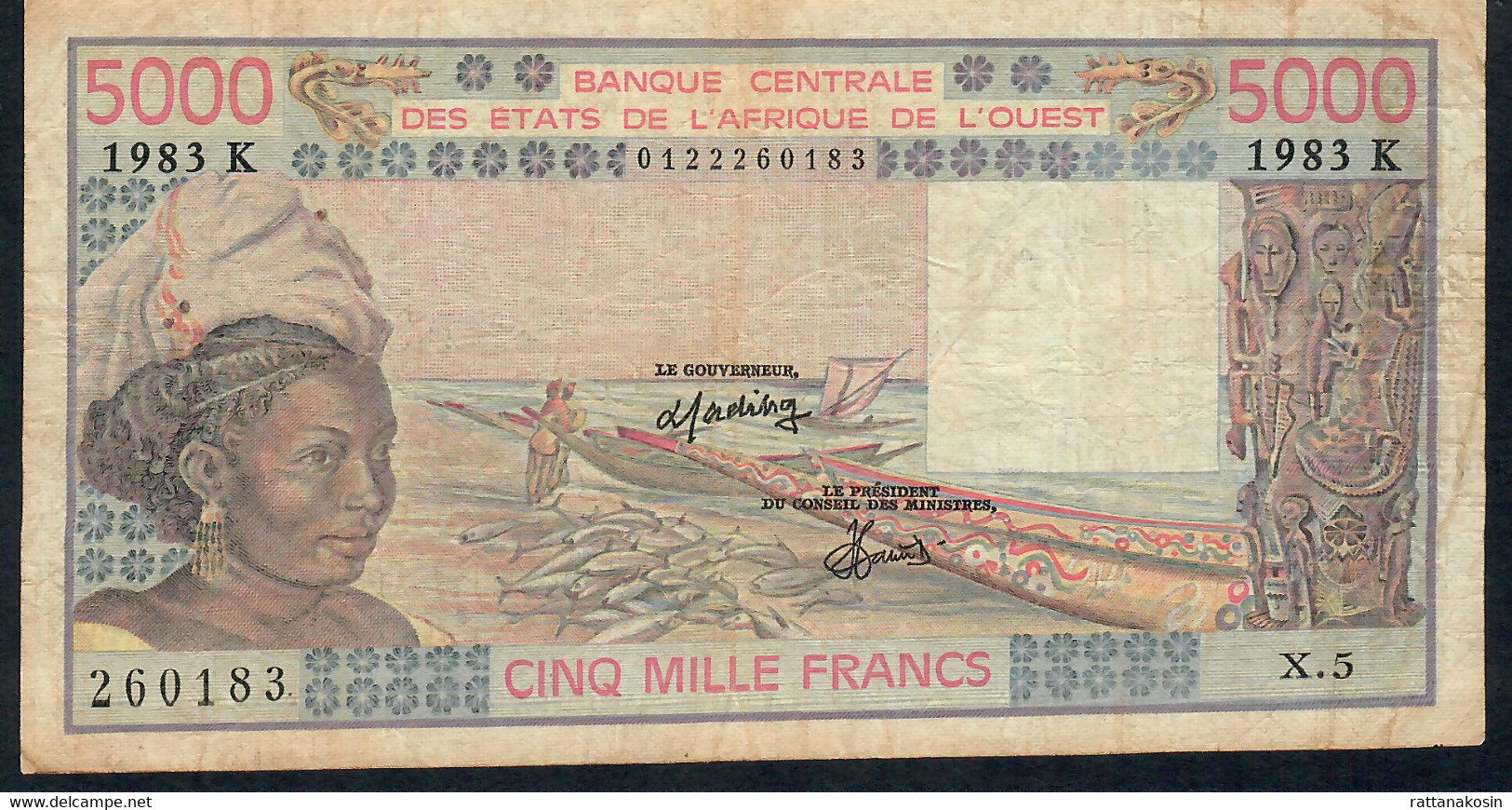 W.A.S. SENEGAL P708Kg 5000 FRANCS 1983 VF NO Tear,NO P.h. - Sénégal