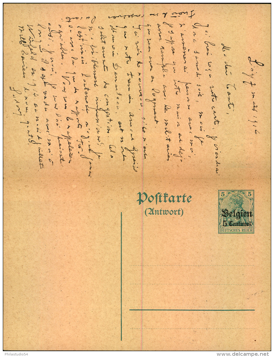 1916, 5 Pfg. Doppelkarte Mit Deutschem Stempel LÜTTICH Und Zensur Innerhalb Belgiens. - Other & Unclassified