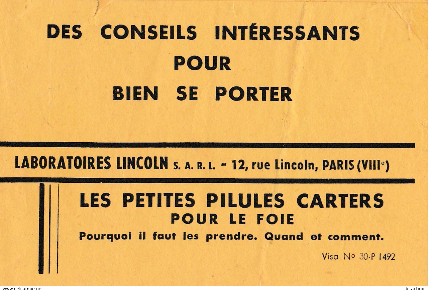 Ancienne Notice De Médicaments, Publicité Pour Les Pilules Carters, Pour Le Foie, Conseil De Bonne Santé, Années 50 - Profumeria & Drogheria