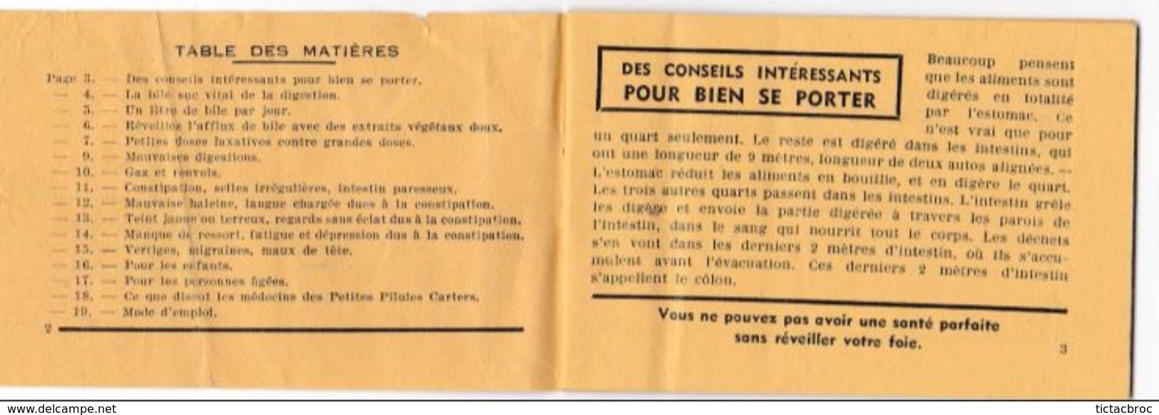 Ancienne Notice De Médicaments, Publicité Pour Les Pilules Carters, Pour Le Foie, Conseil De Bonne Santé, Années 50 - Profumeria & Drogheria