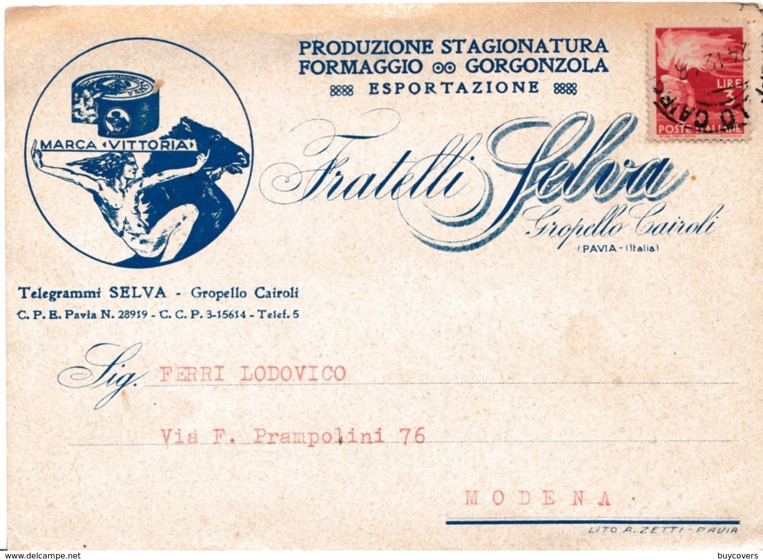 E36 - Cartolina Postale Pubblicitaria - Del 24 Dicembre 1946  Da Gropello Cairoli A  Modena Con Lire 3 Rosso - Sonstige & Ohne Zuordnung