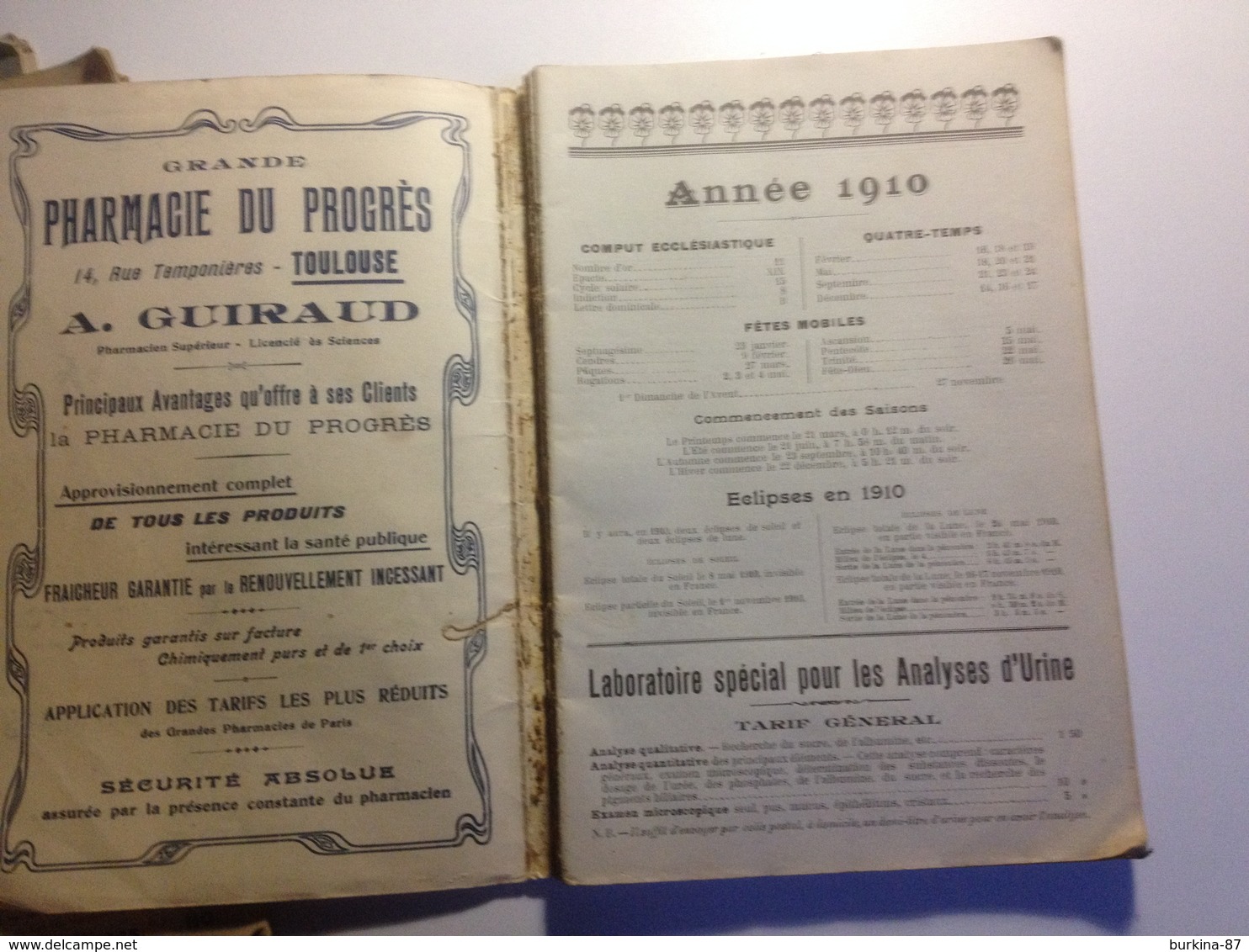 TOULOUSE, Pharmacie Du Progrès,ALMANACH, 1910, Indicateur Des Chemins De Fer, Petit Guide Vétérinaire - Grand Format : 1901-20