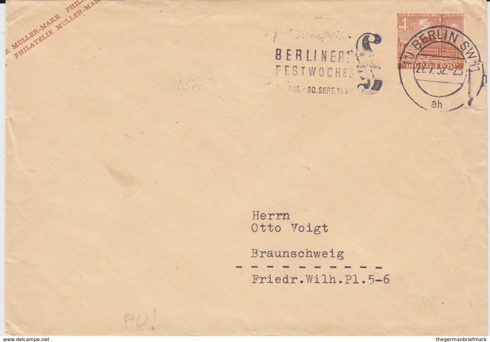 Berlin (West) Bauten Privatganzsache PU 1/5 A MWSt Berlin 1952 - Privé Briefomslagen - Gebruikt