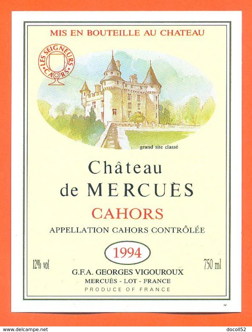 étiquette De Vin De Cahors Chateau De Mercuès1994 Georges Vigouroux à Merguès - 75 Cl - Cahors