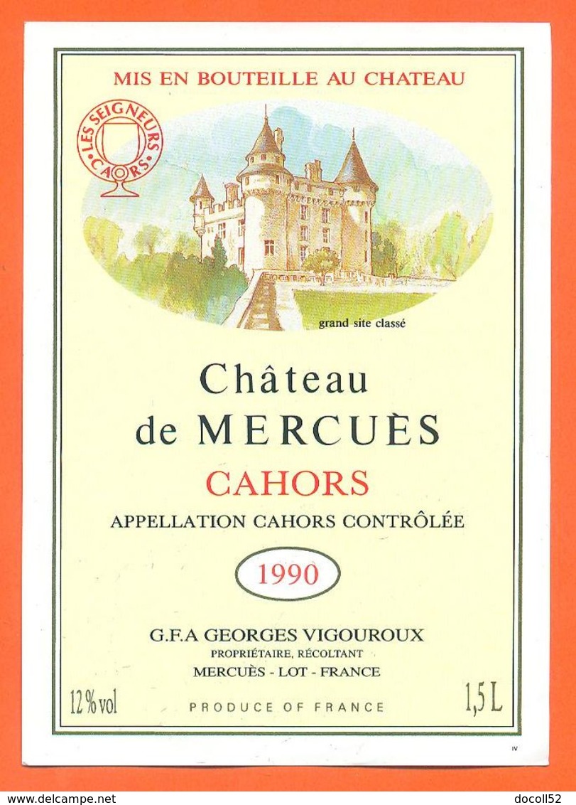 étiquette Jéroboam De Vin De Cahors Chateau De Mercuès1990 Georges Vigouroux à Merguès - 150 Cl - Cahors