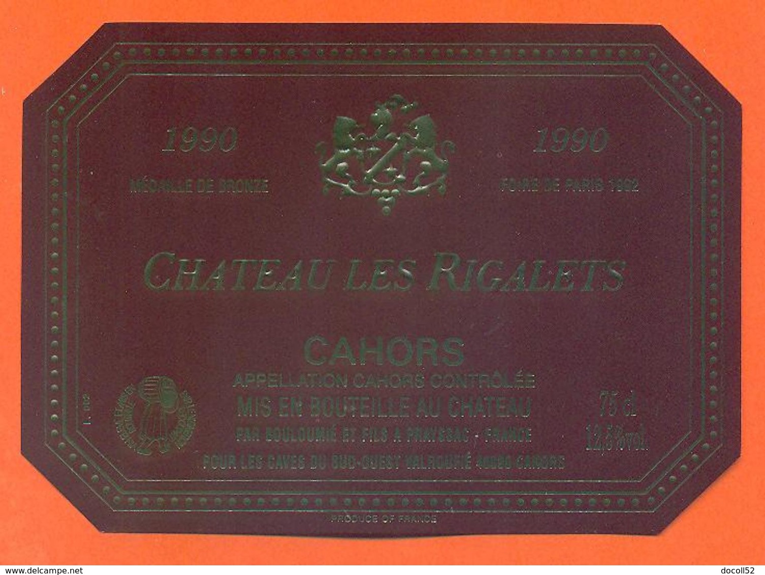 étiquette De Vin De Cahors Chateau Les Rigalets 1990 Bouloumié à Prayssac - 75 Cl - Cahors